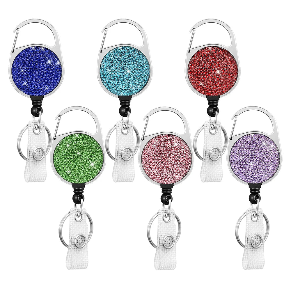 Rhinestones Alloy Round Pass ID Card Badge Reel Holder Metal Reel Pull Key Name Tag Recoil Reel Retractable Crystal Badge Holder