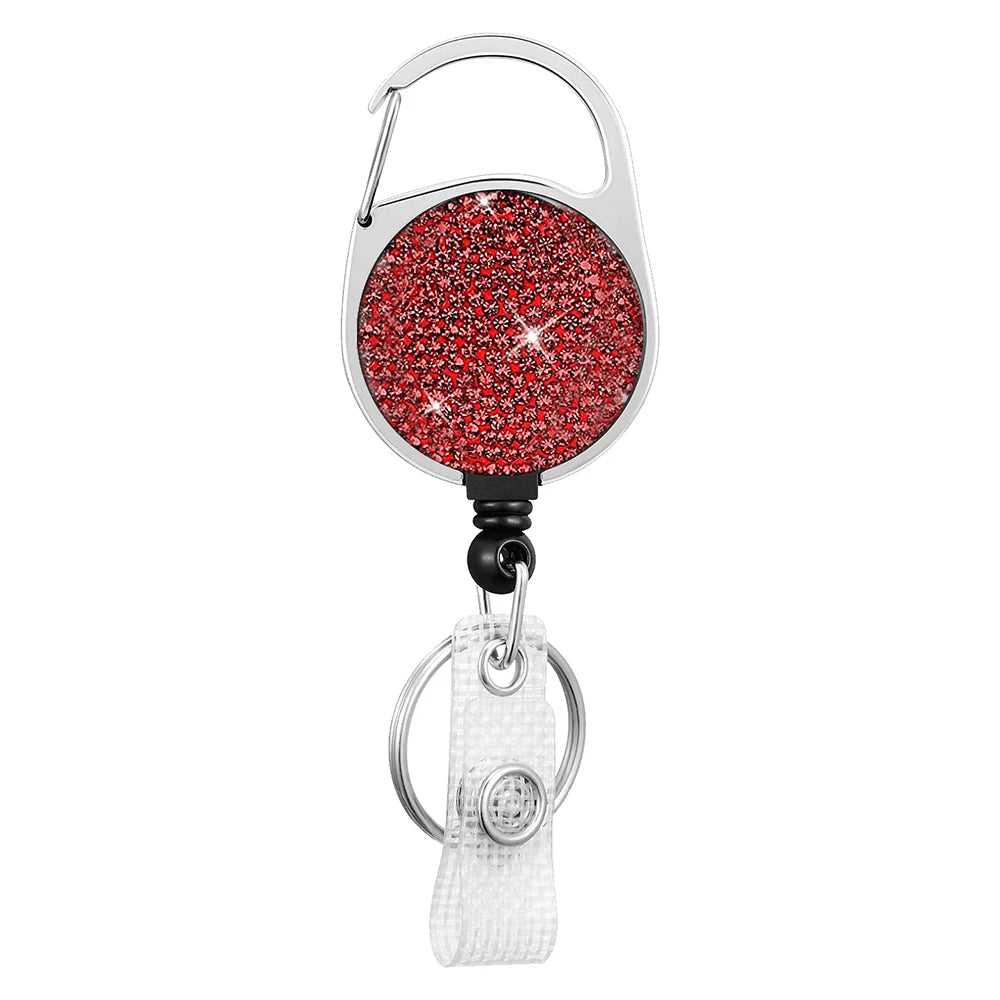Rhinestones Alloy Round Pass ID Card Badge Reel Holder Metal Reel Pull Key Name Tag Recoil Reel Retractable Crystal Badge Holder