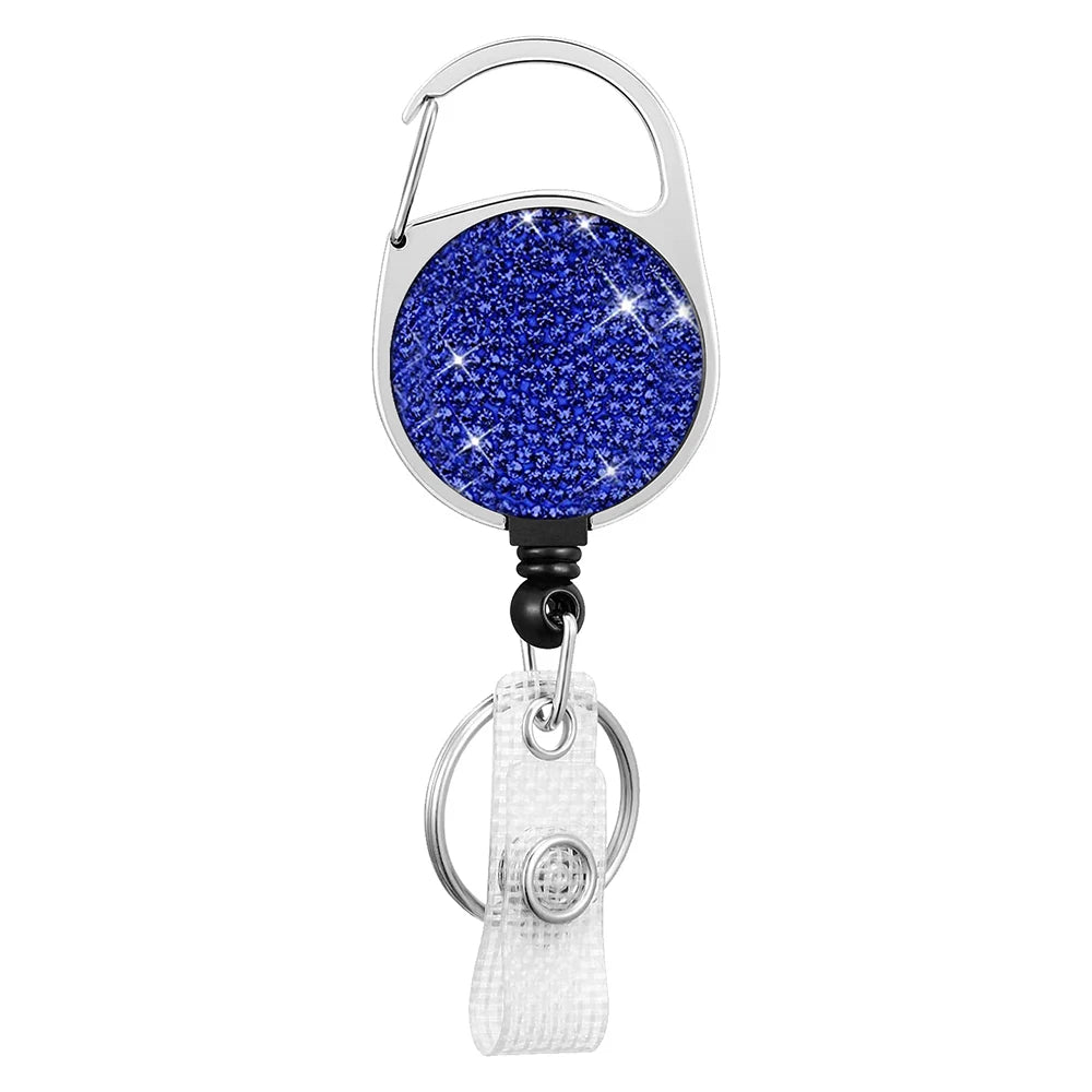 Rhinestones Alloy Round Pass ID Card Badge Reel Holder Metal Reel Pull Key Name Tag Recoil Reel Retractable Crystal Badge Holder