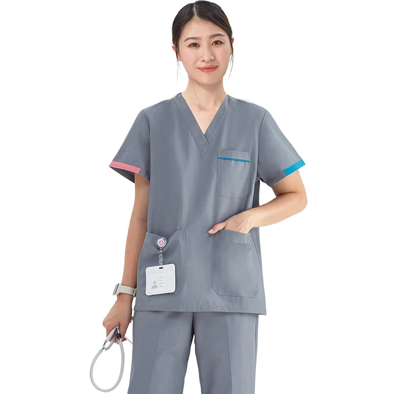Women Medical Scrubs Uniform V Neck Short Sleeve Surgical Scrub Suits High Quality Nursing Uniform Suit Clinical Safety Workwear