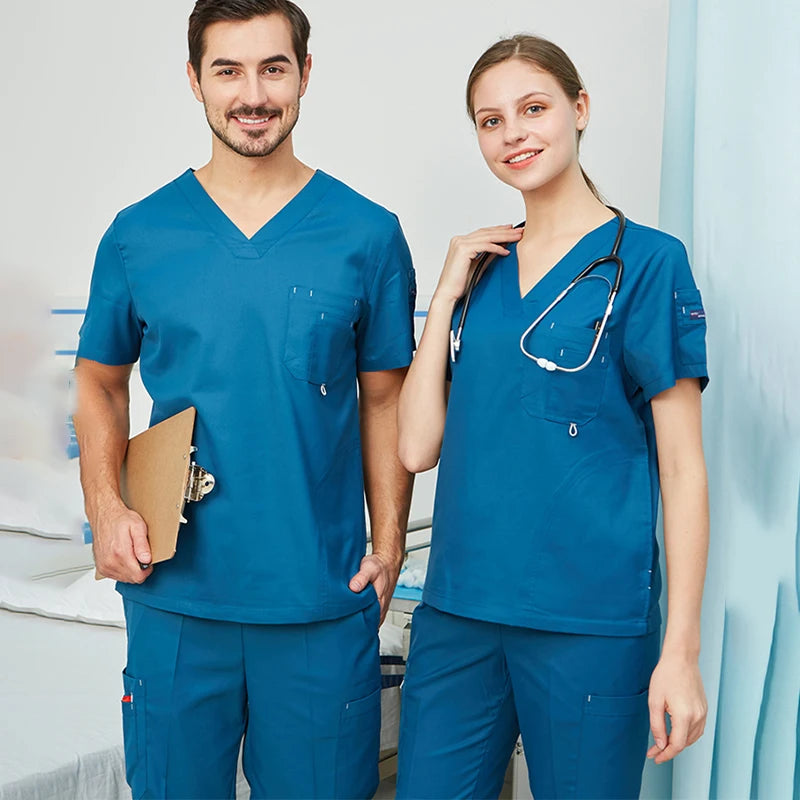 Polyester Conductive Fiber Navy Nursing Uniforms Hospital Medical Scrubs Sets Men Women Surgical Working Uniforms Female Male