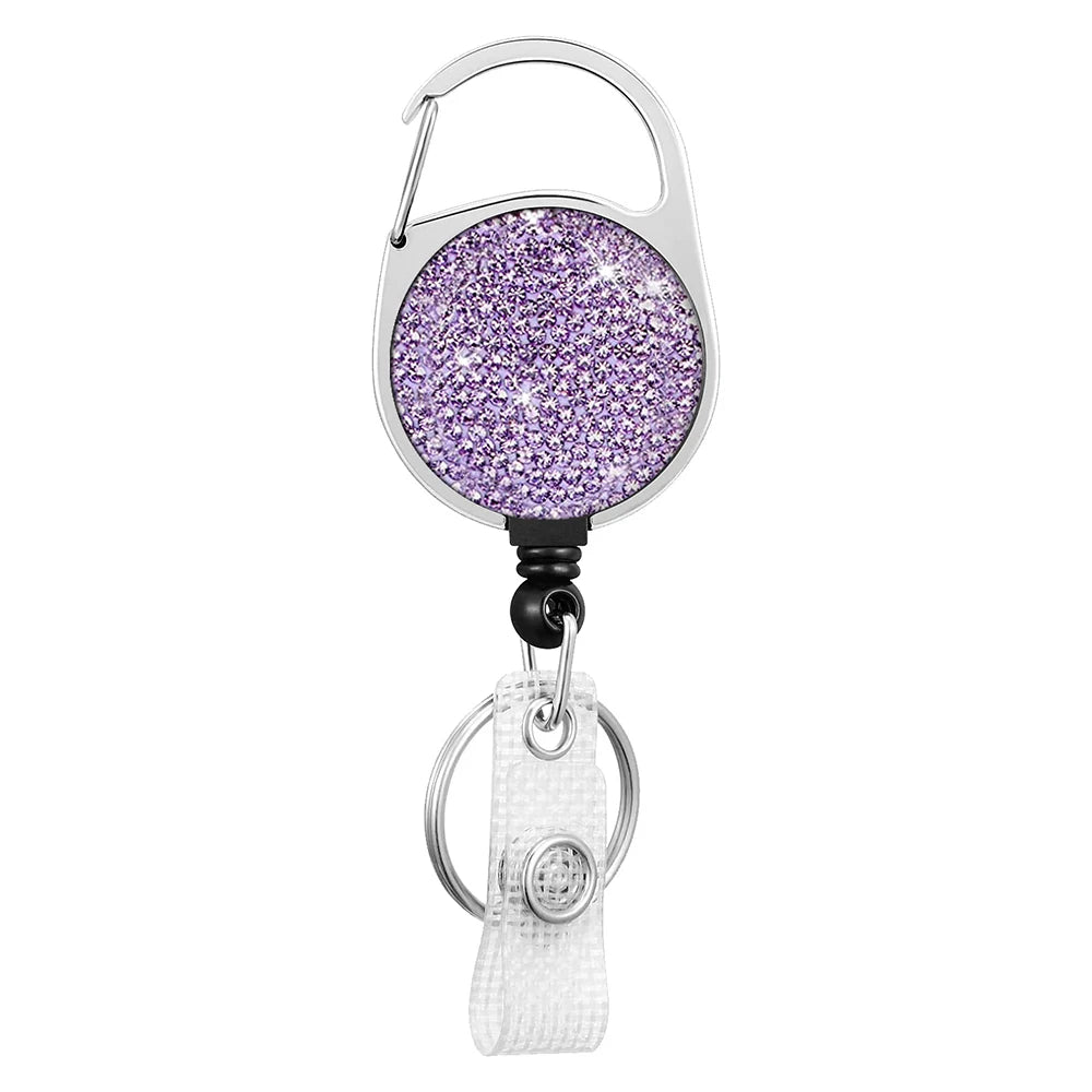 Rhinestones Alloy Round Pass ID Card Badge Reel Holder Metal Reel Pull Key Name Tag Recoil Reel Retractable Crystal Badge Holder