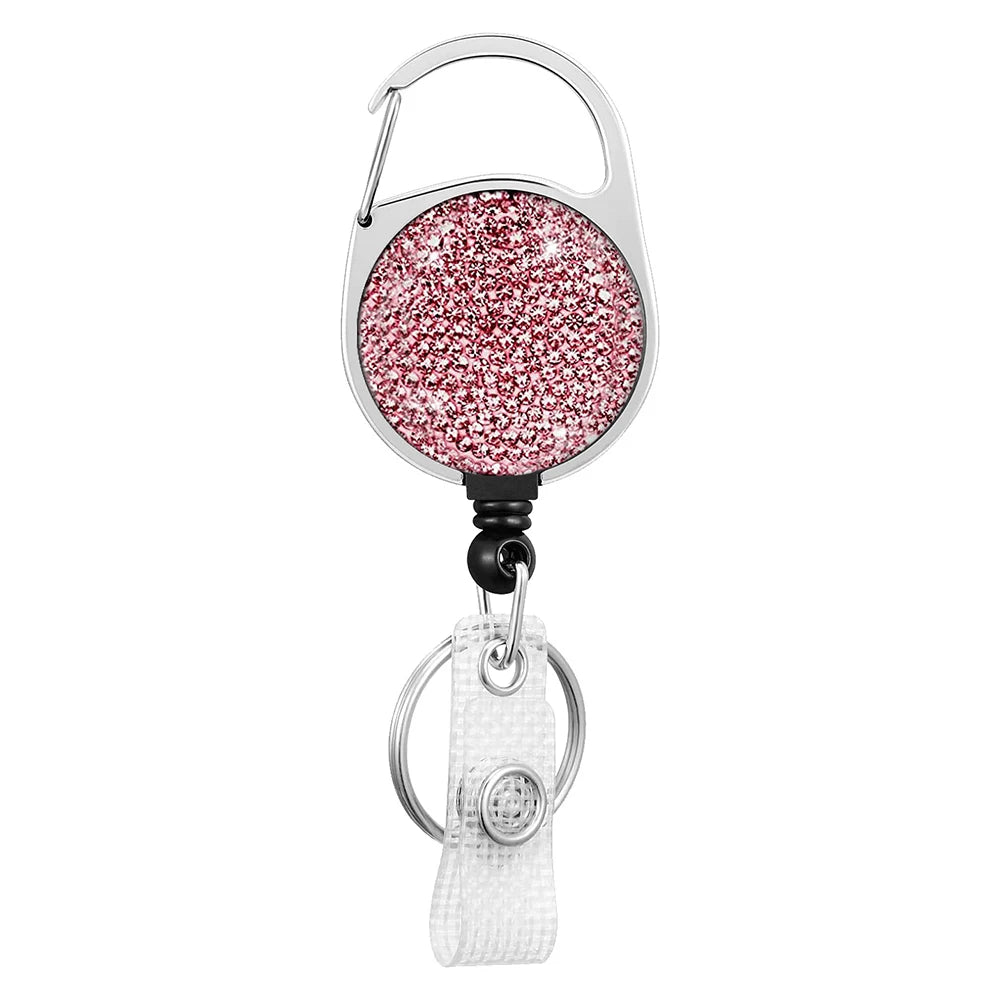 Rhinestones Alloy Round Pass ID Card Badge Reel Holder Metal Reel Pull Key Name Tag Recoil Reel Retractable Crystal Badge Holder