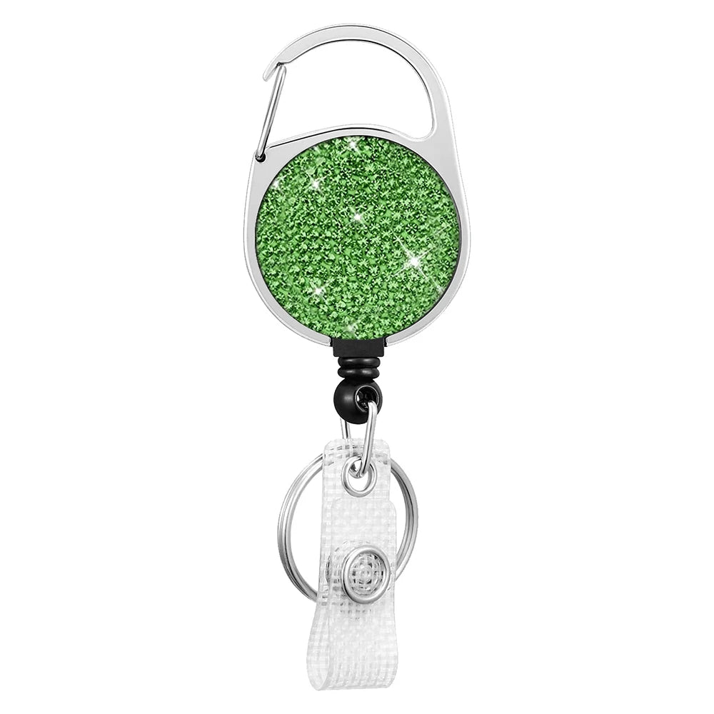 Rhinestones Alloy Round Pass ID Card Badge Reel Holder Metal Reel Pull Key Name Tag Recoil Reel Retractable Crystal Badge Holder