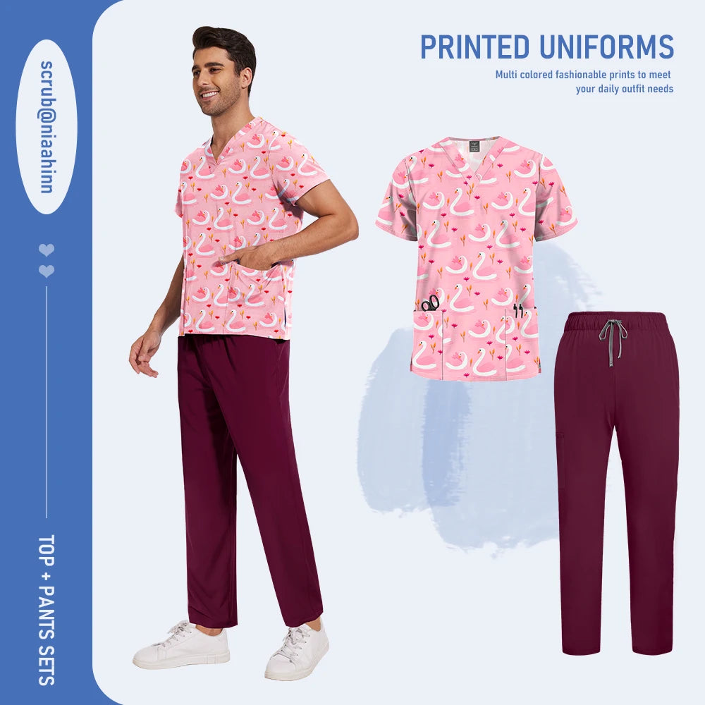 Mens Scrub Nursing Articles Nurse Doctor Work Uniform Unisex Hospital Set High Quality Printed Workwear Veterinary Lab Scrub Set