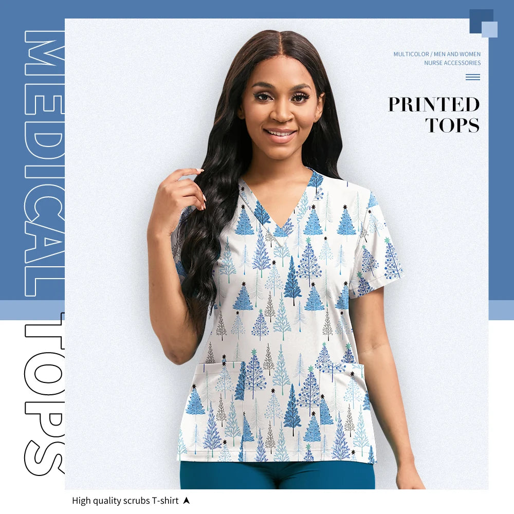 Hospital Nurse Uniforms Women Medical Uniform Print Scrub Top Cotton Dental Clinic Work Clothes Mens Scrubs Short Sleeved Jacket