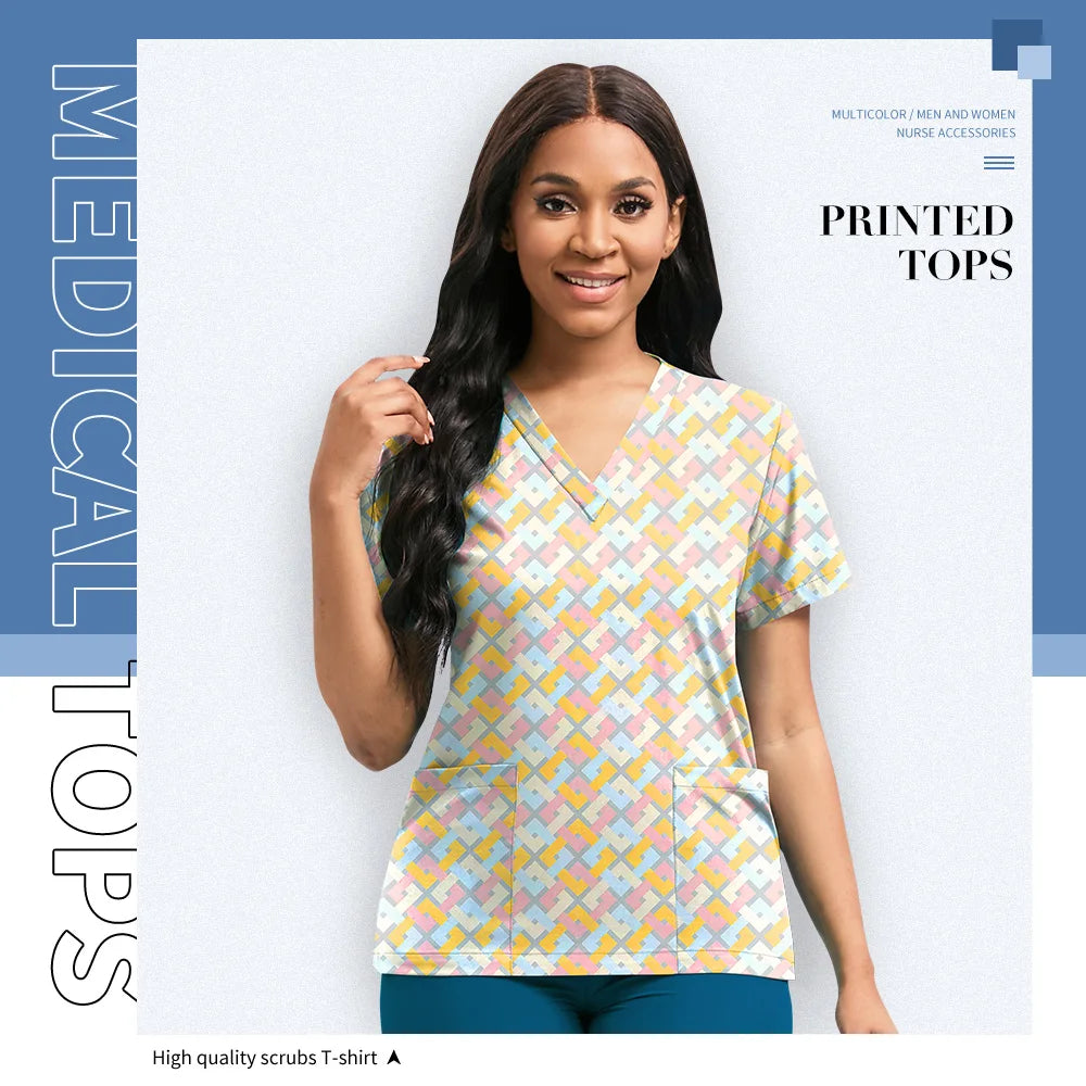 Hospital Nurse Uniforms Women Medical Uniform Print Scrub Top Cotton Dental Clinic Work Clothes Mens Scrubs Short Sleeved Jacket