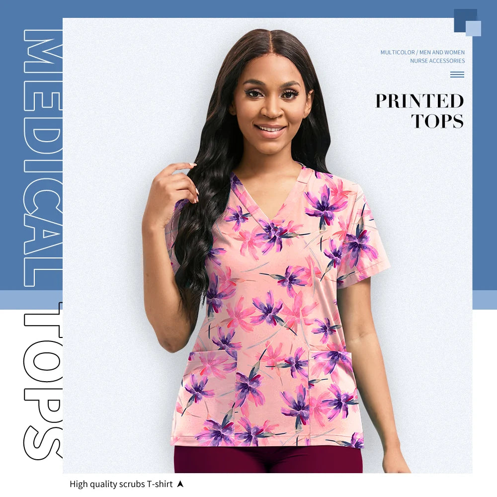 Hospital Nurse Uniforms Women Medical Uniform Print Scrub Top Cotton Dental Clinic Work Clothes Mens Scrubs Short Sleeved Jacket
