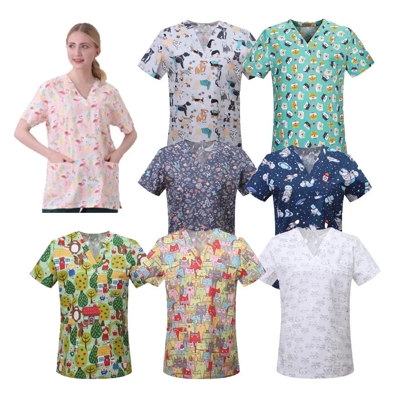 Medical Nurse Uniforms Women Men Print Scrub Shirts&Cap Clinical V-neck Blouse Floral Cartoon Pocket Scrubs Top Beauty Work Wear