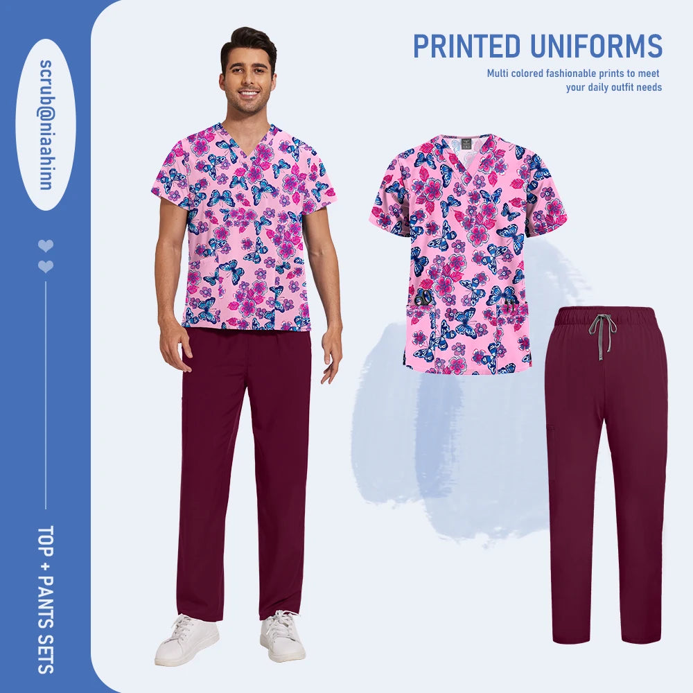Mens Scrub Nursing Articles Nurse Doctor Work Uniform Unisex Hospital Set High Quality Printed Workwear Veterinary Lab Scrub Set