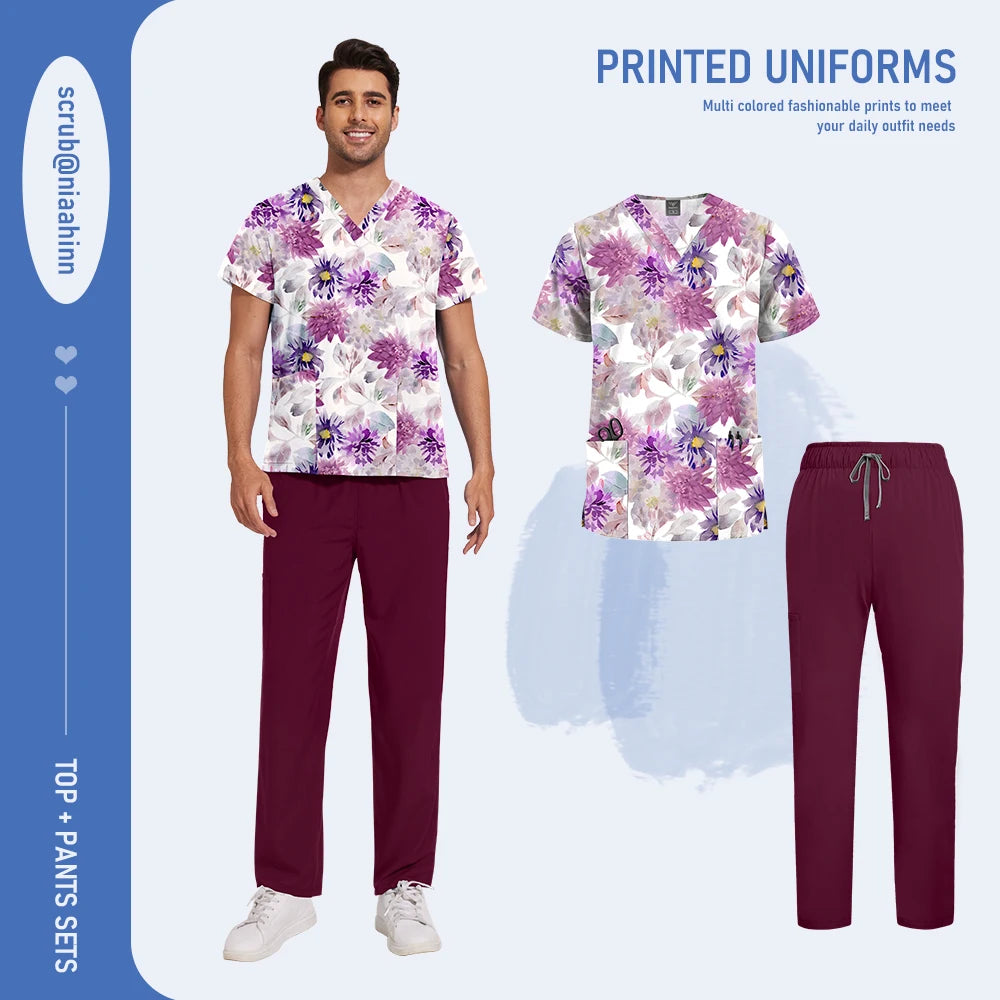 Mens Scrub Nursing Articles Nurse Doctor Work Uniform Unisex Hospital Set High Quality Printed Workwear Veterinary Lab Scrub Set