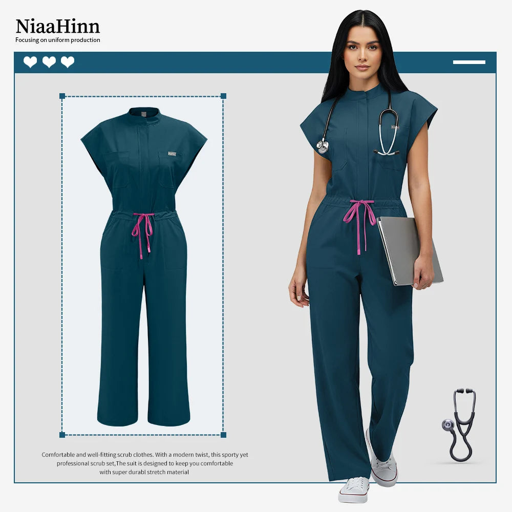 Niaahinn Operating Room Scrub Uniform Full Outfit & Veterinary Nurse Uniform with Bat Sleeve One-Piece Pet Grooming Work Clothes