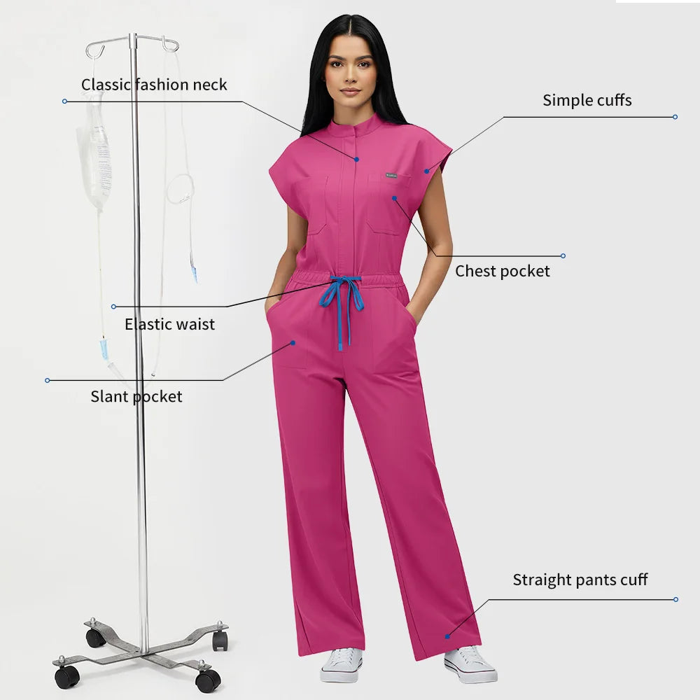 Niaahinn Operating Room Scrub Uniform Full Outfit & Veterinary Nurse Uniform with Bat Sleeve One-Piece Pet Grooming Work Clothes