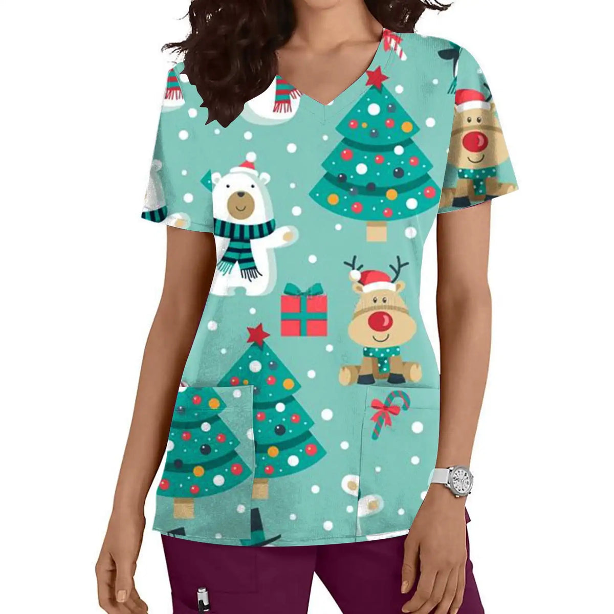 Christmas Medical Scrubs for Women Cartoon Print Dental Nursing Tops Microelastic V-Neck Short Sleeve Top Uniforms Women Medical