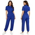 Women Short Sleeve Scrub Jumpsuit Multi-pockets Zipper Elastic Waist Jogger Pants Rompers Nurse Doctor Workwear Medical Uniform