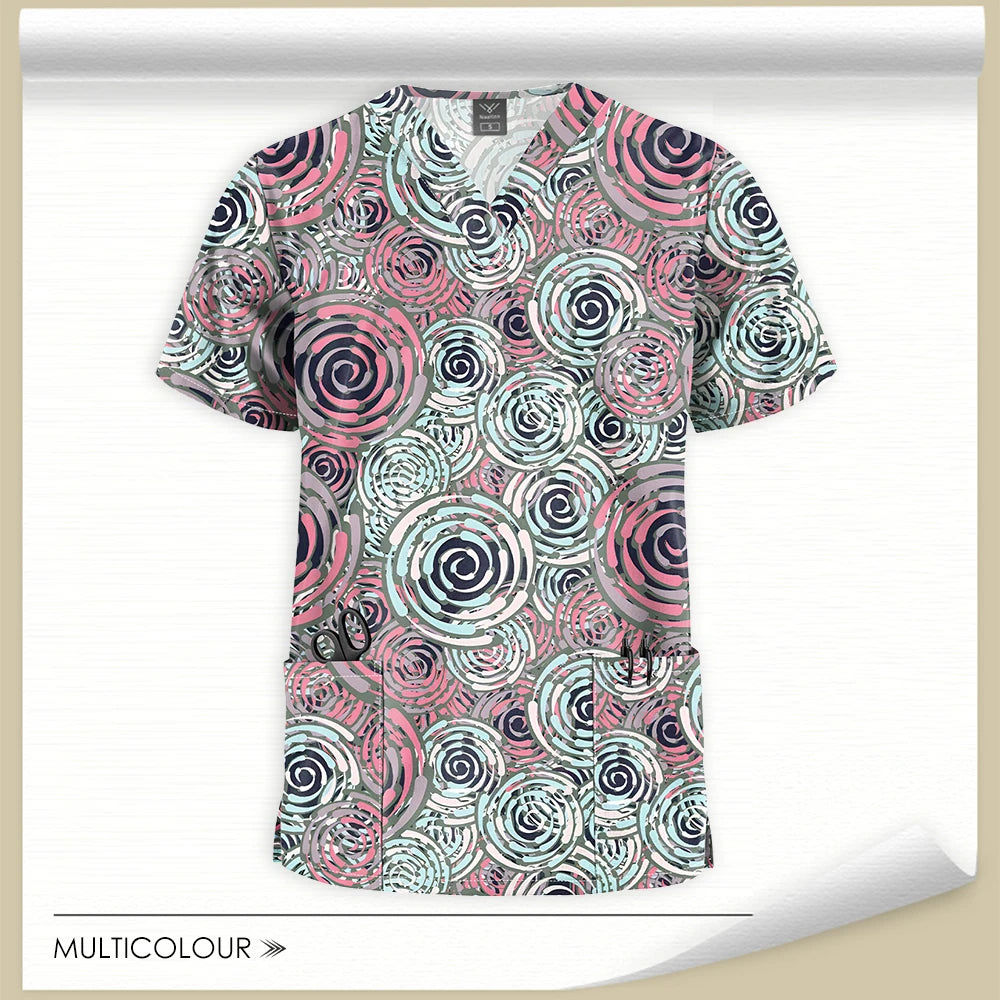 Stretch Cute Cartoon Print Nurse Uniforms Women Men T-shirts Pocket Casual Short Sleeve Pullover V-neck Scrubs Tops Lab Workwear