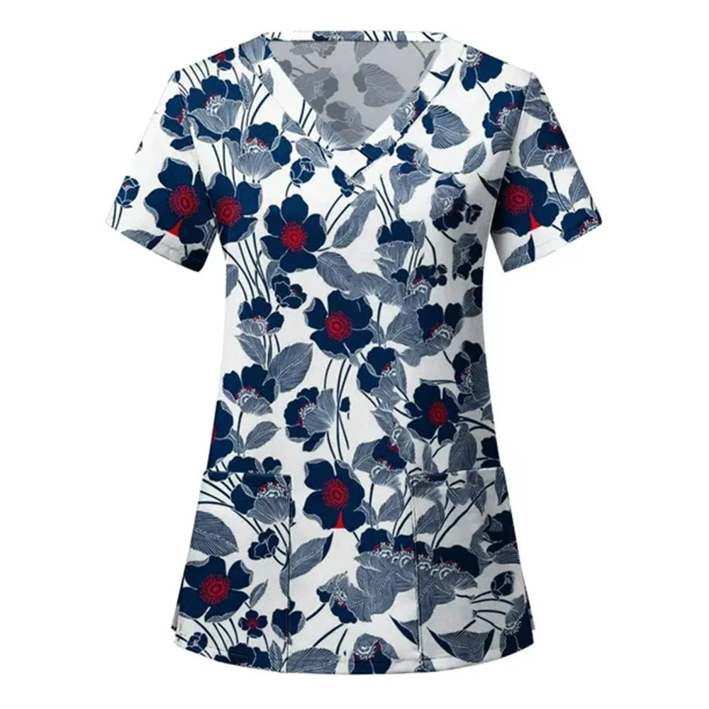 Nurse Uniforms Women Short Sleeve V-neck Floral 3D Print Nursed Working  Uniforms With Pockets Medical Uniforms