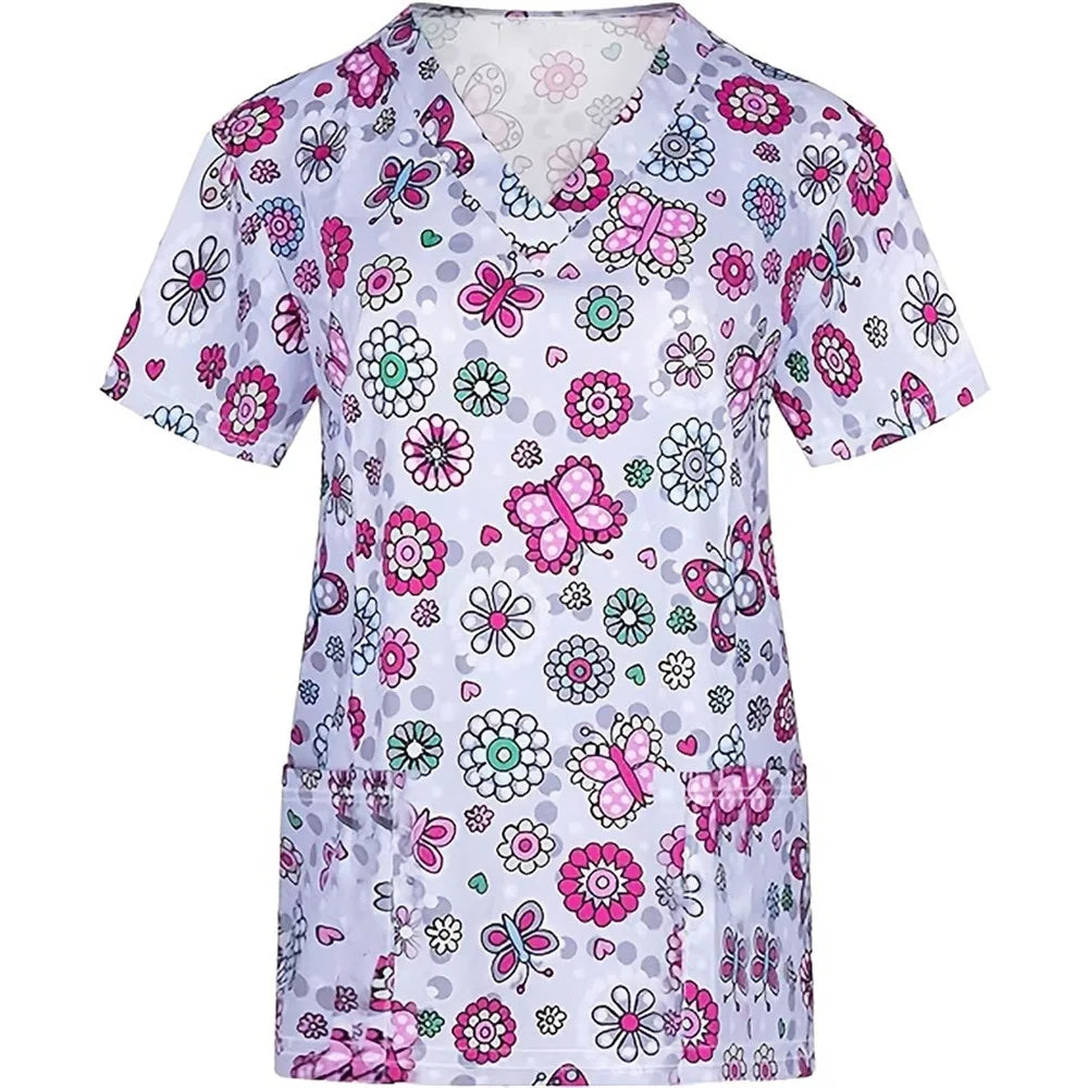 Nurse Uniforms Women Short Sleeve V-neck Floral 3D Print Nursed Working  Uniforms With Pockets Medical Uniforms