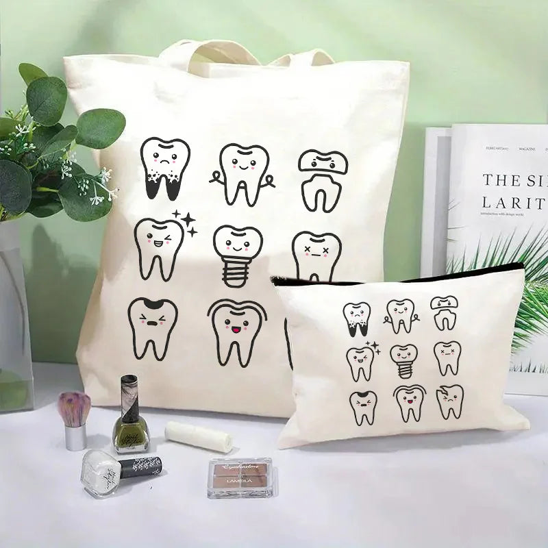 Tooth Dentist Printed Shoulder Bag, Reusable Foldable Shopping Tote Bag Lunch Box Bag Handbag with Wristlet Clutch Bag for Women
