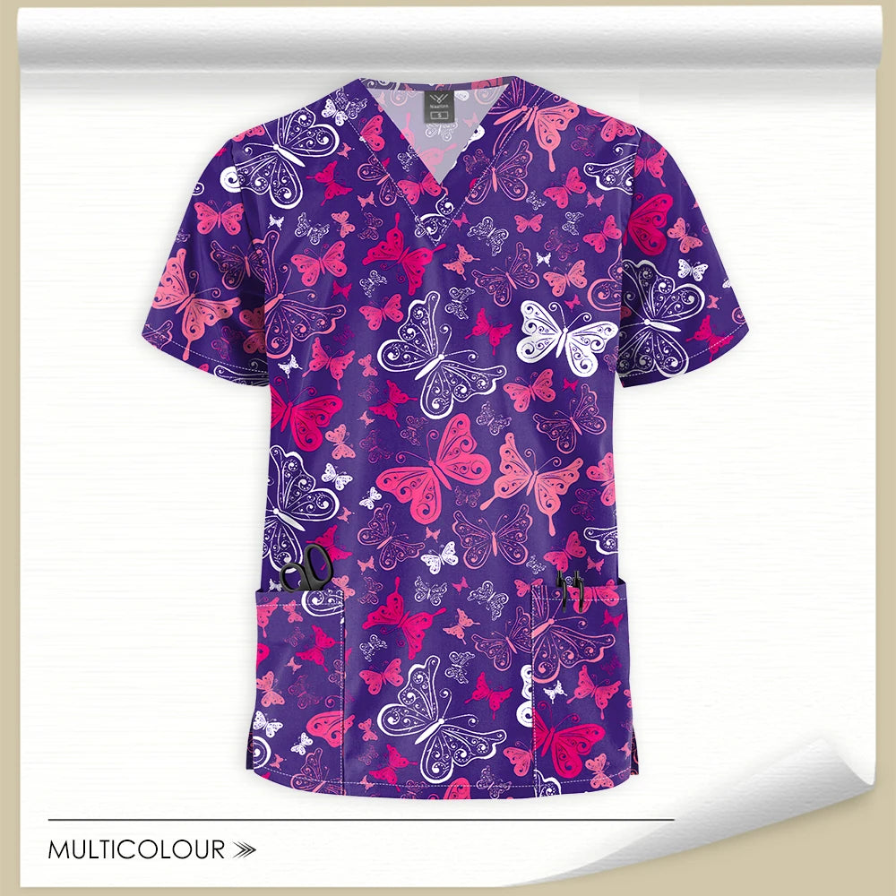 Stretch Cute Cartoon Print Nurse Uniforms Women Men T-shirts Pocket Casual Short Sleeve Pullover V-neck Scrubs Tops Lab Workwear