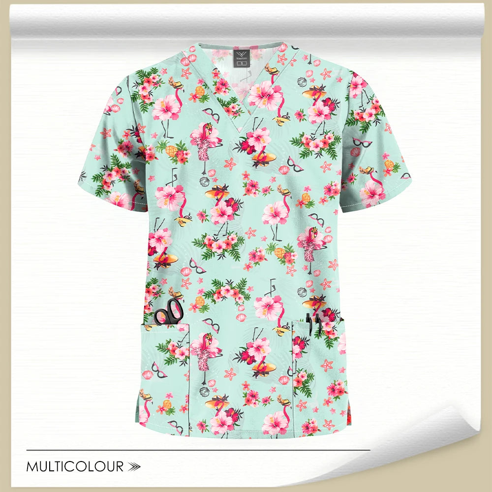 Stretch Cute Cartoon Print Nurse Uniforms Women Men T-shirts Pocket Casual Short Sleeve Pullover V-neck Scrubs Tops Lab Workwear