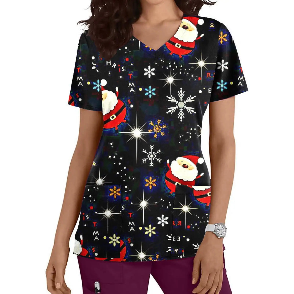 Christmas Medical Scrubs for Women Cartoon Print Dental Nursing Tops Microelastic V-Neck Short Sleeve Top Uniforms Women Medical