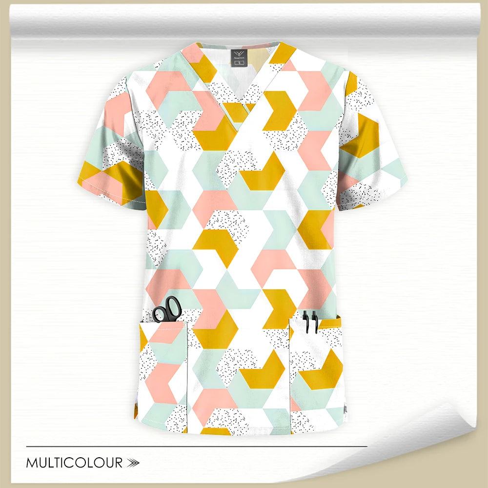 Stretch Cute Cartoon Print Nurse Uniforms Women Men T-shirts Pocket Casual Short Sleeve Pullover V-neck Scrubs Tops Lab Workwear