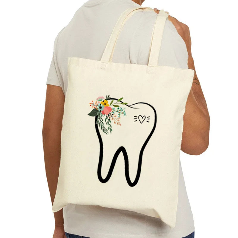 Tooth Dentist Printed Shoulder Bag, Reusable Foldable Shopping Tote Bag Lunch Box Bag Handbag with Wristlet Clutch Bag for Women