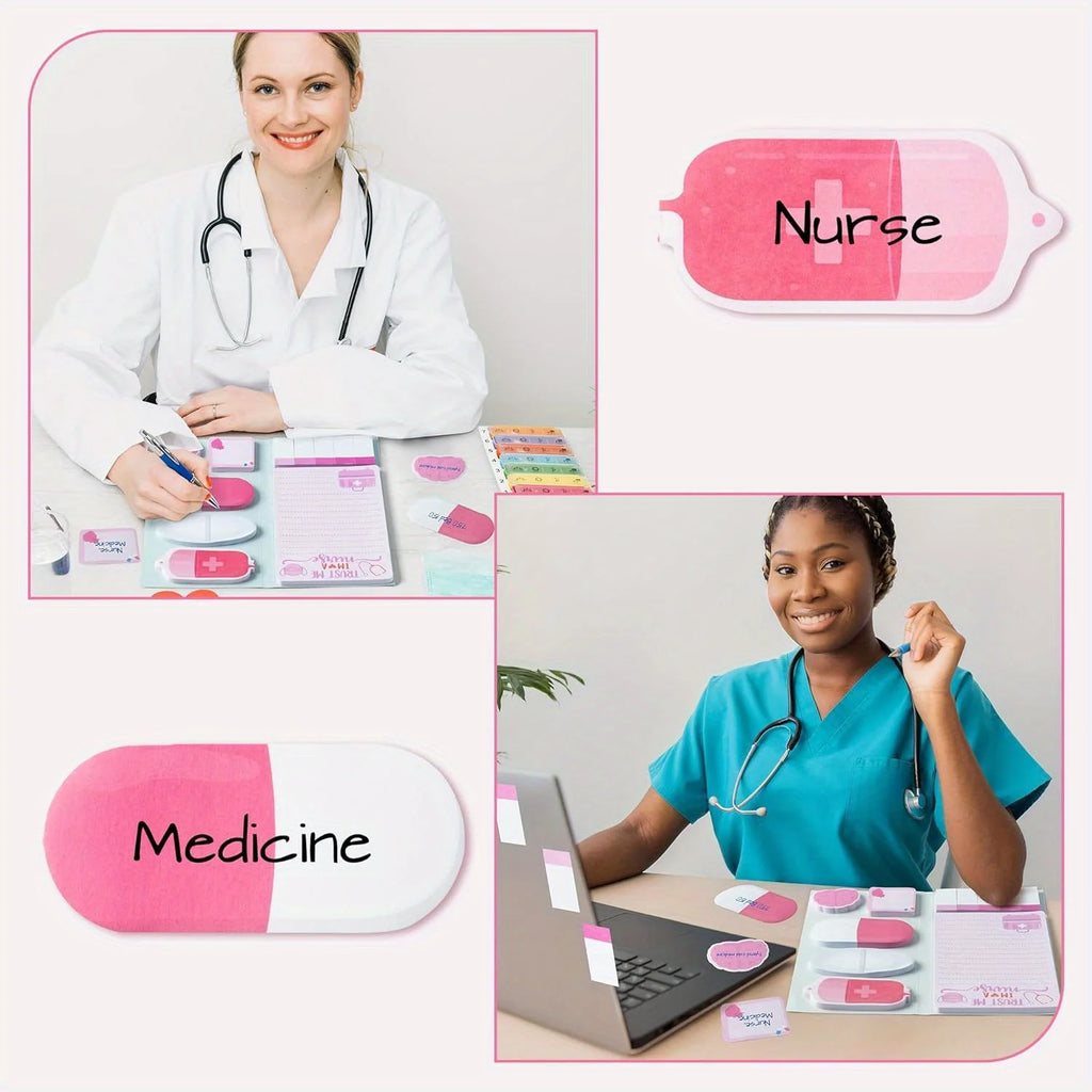 1 Set Pink Nurse Sticky Notes Set, Cute Medical Necessities Self-Adhesive Sticky Notes for Schools Hospitals Office Supplies