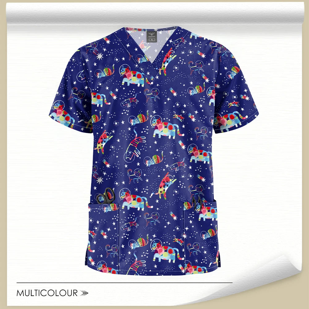Stretch Cute Cartoon Print Nurse Uniforms Women Men T-shirts Pocket Casual Short Sleeve Pullover V-neck Scrubs Tops Lab Workwear