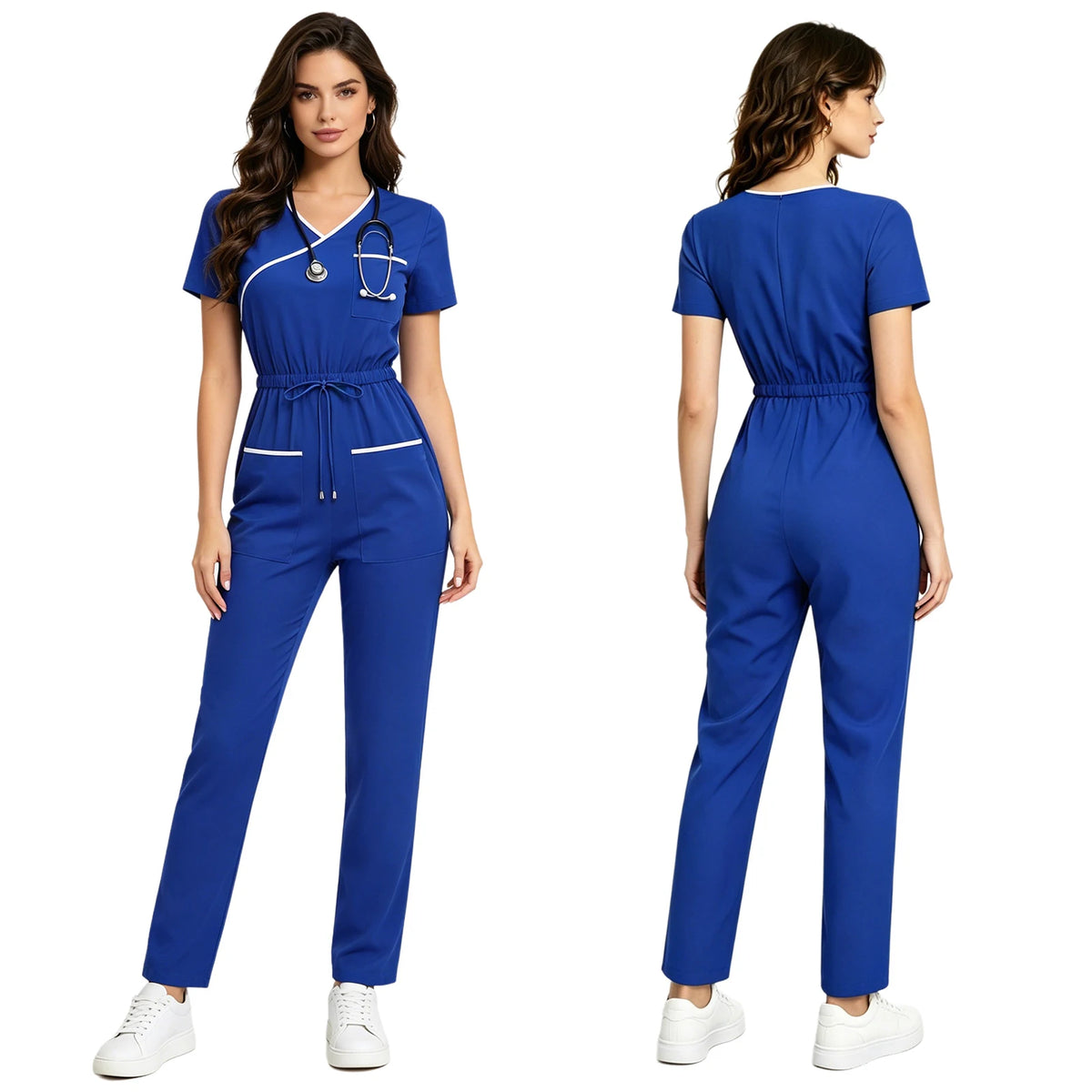 Women Nurse Doctor Esthetician Scrub Jumpsuit Workwear Short Sleeve Multi-pockets Elastic Waist Jogger Rompers Medical Uniform
