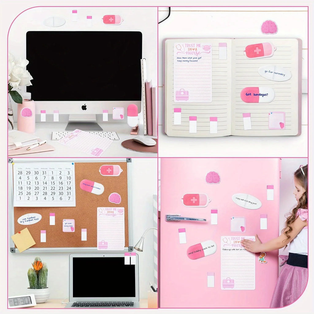 1 Set Pink Nurse Sticky Notes Set, Cute Medical Necessities Self-Adhesive Sticky Notes for Schools Hospitals Office Supplies