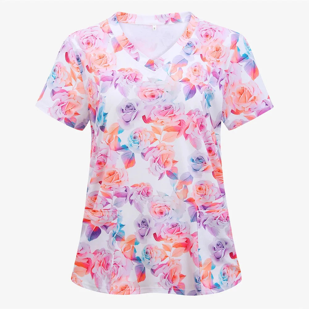 Nurse Uniforms Women Short Sleeve V-neck Floral 3D Print Nursed Working  Uniforms With Pockets Medical Uniforms