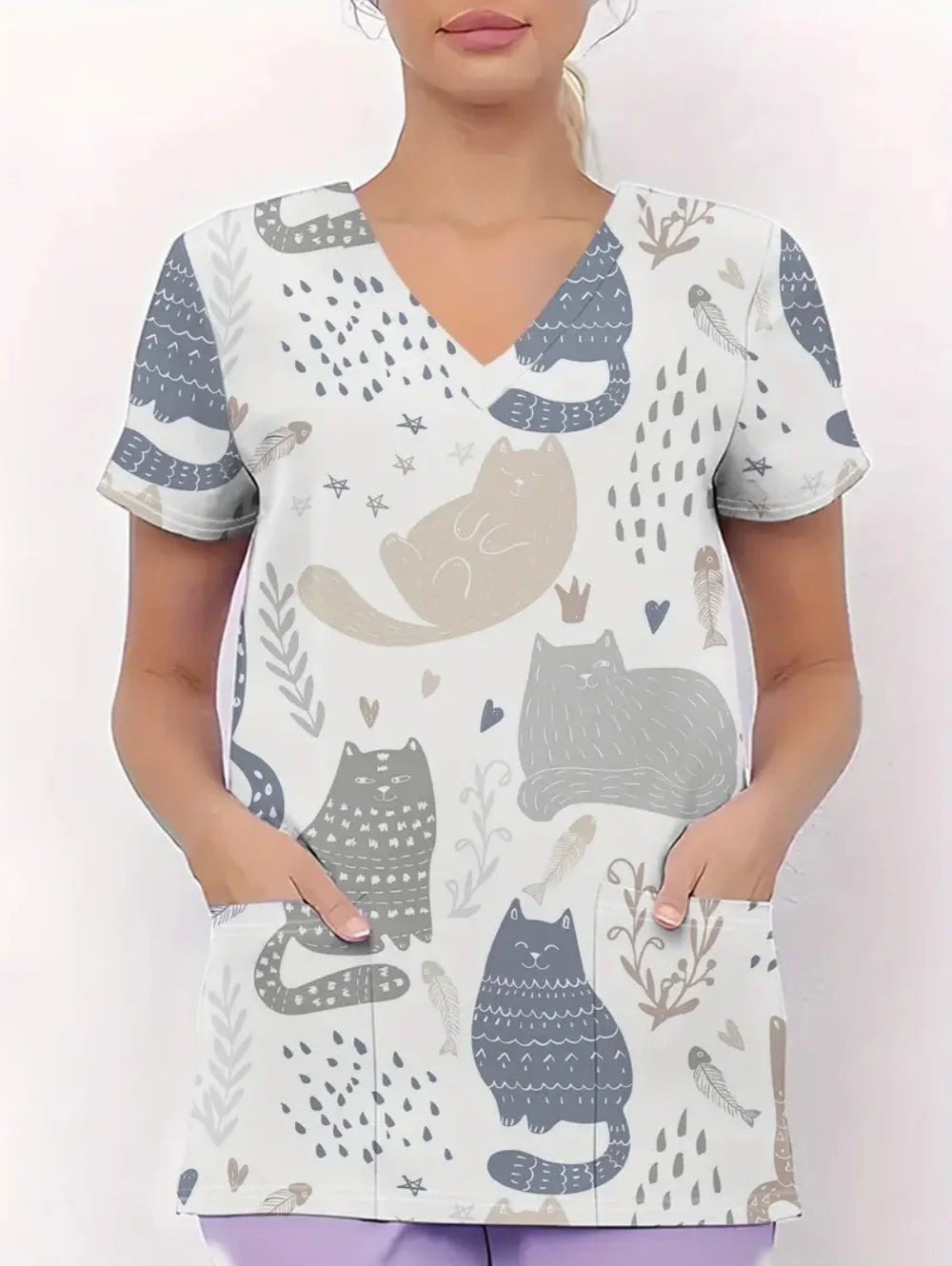 Women's Medical Uniforms Cute Cat Pattern Short Sleeve Top Summer Fashion V-Neck with Pockets Veterinary Surgical Uniforms Woman