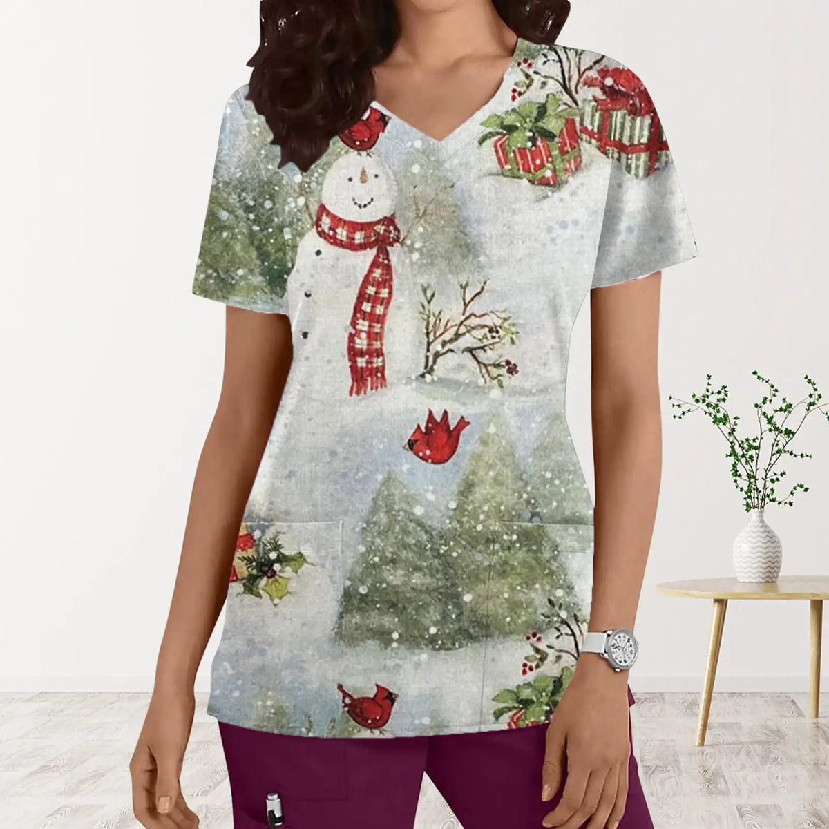 Christmas Medical Scrubs for Women Cartoon Print Dental Nursing Tops Microelastic V-Neck Short Sleeve Top Uniforms Women Medical