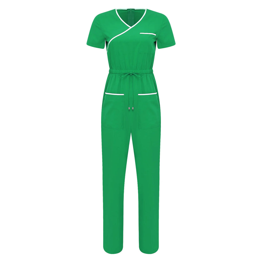 Women Nurse Doctor Esthetician Scrub Jumpsuit Workwear Short Sleeve Multi-pockets Elastic Waist Jogger Rompers Medical Uniform