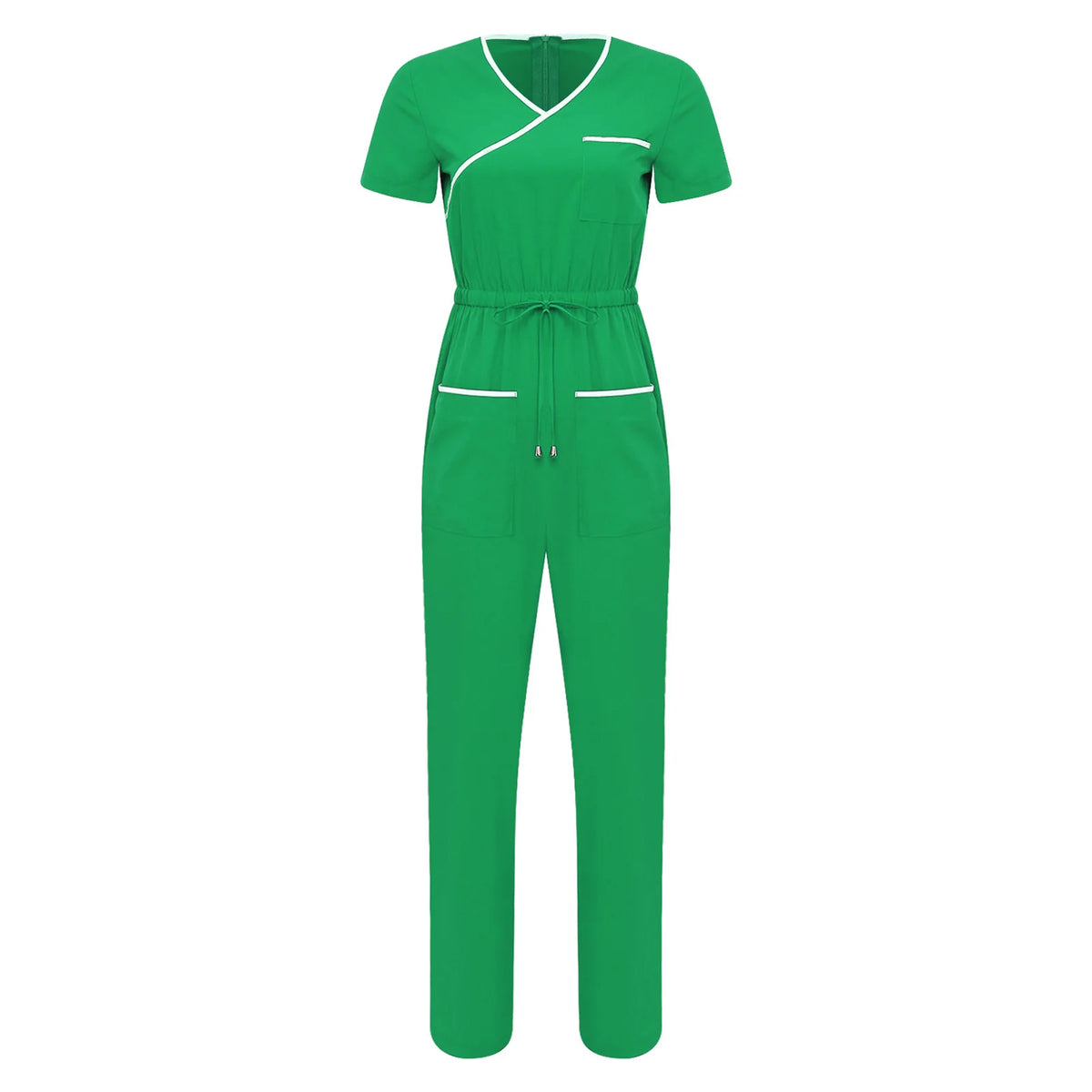 Women Nurse Doctor Esthetician Scrub Jumpsuit Workwear Short Sleeve Multi-pockets Elastic Waist Jogger Rompers Medical Uniform