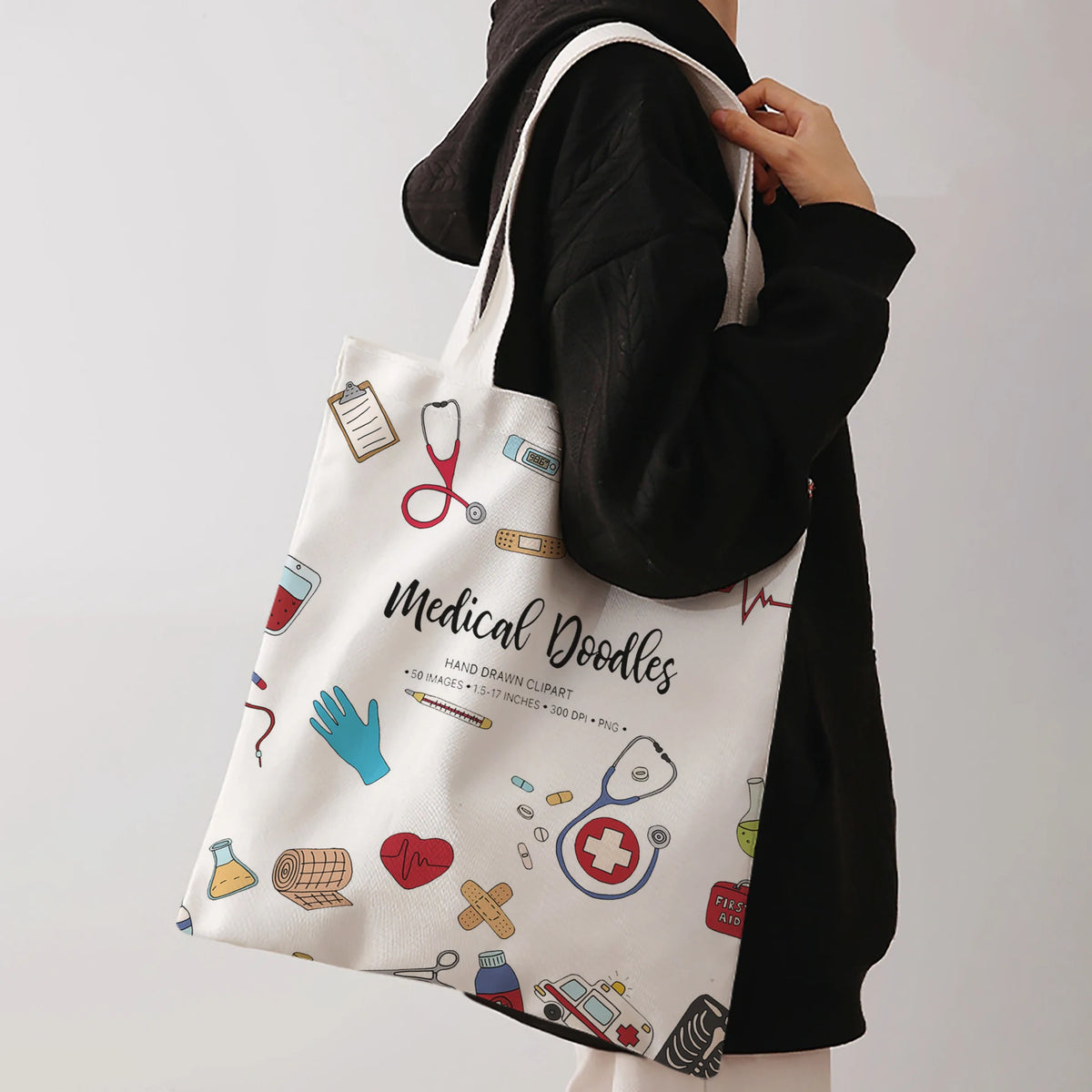 Medical Doodle Instrument Print Tote Bag Large Capacity Shoulder Bag For Shopping Travel Daily Use