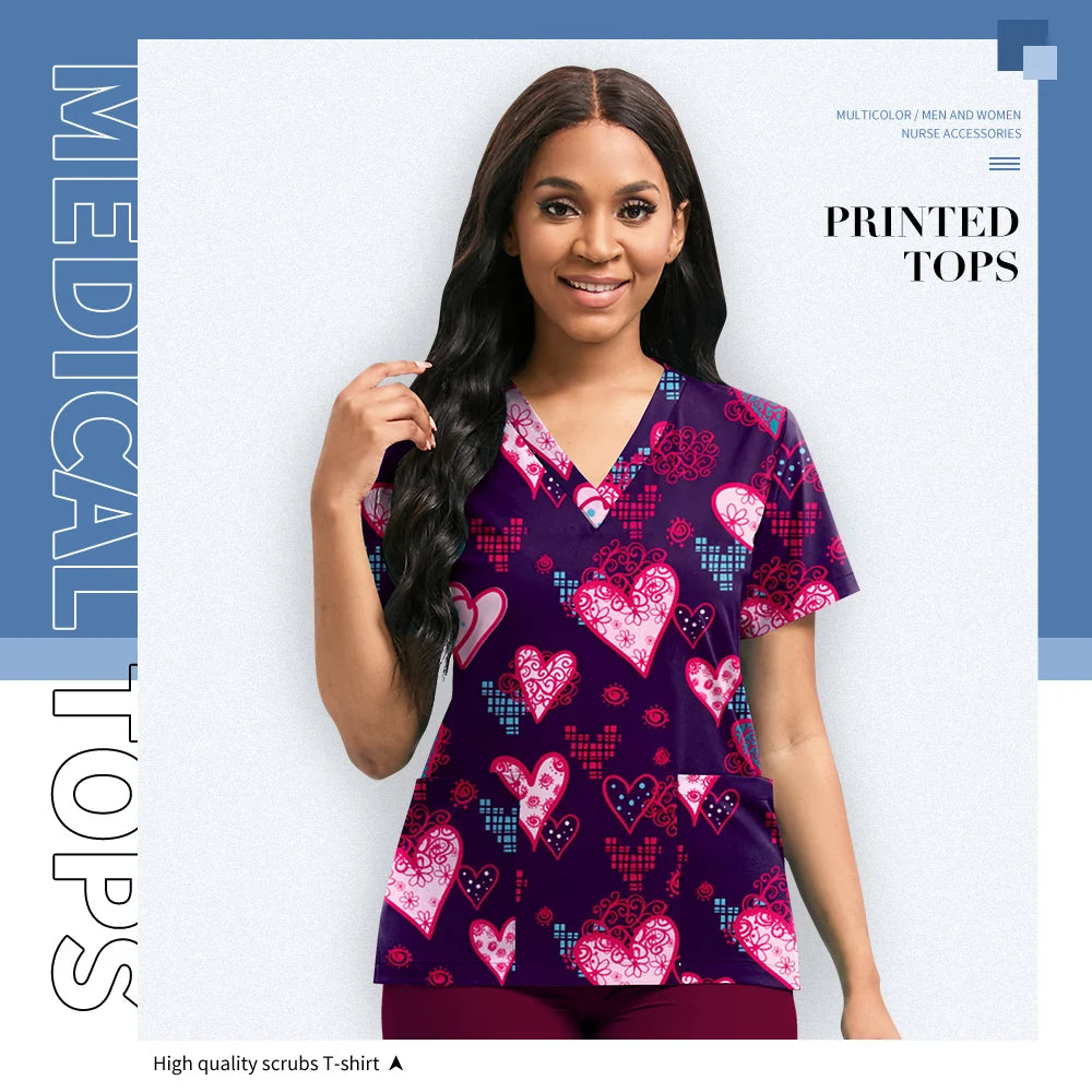 Hospital Nurse Uniforms Women Medical Uniform Print Scrub Top Cotton Dental Clinic Work Clothes Mens Scrubs Short Sleeved Jacket