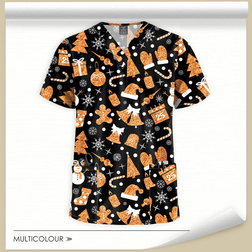 Stretch Cute Cartoon Print Nurse Uniforms Women Men T-shirts Pocket Casual Short Sleeve Pullover V-neck Scrubs Tops Lab Workwear