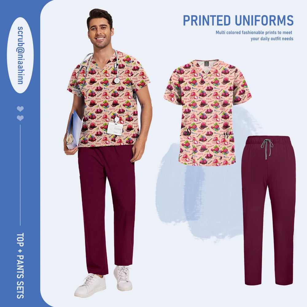 Mens Scrub Nursing Articles Nurse Doctor Work Uniform Unisex Hospital Set High Quality Printed Workwear Veterinary Lab Scrub Set