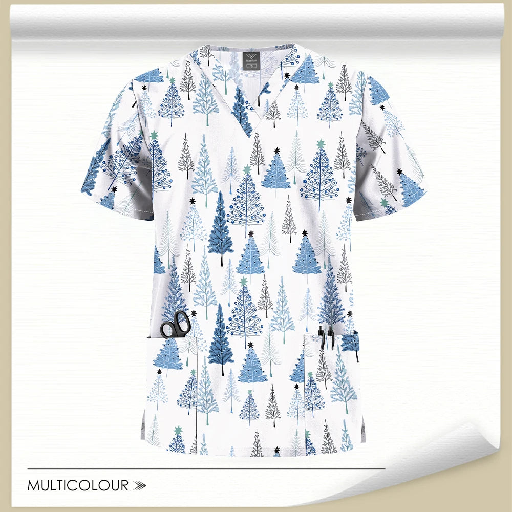 Stretch Cute Cartoon Print Nurse Uniforms Women Men T-shirts Pocket Casual Short Sleeve Pullover V-neck Scrubs Tops Lab Workwear