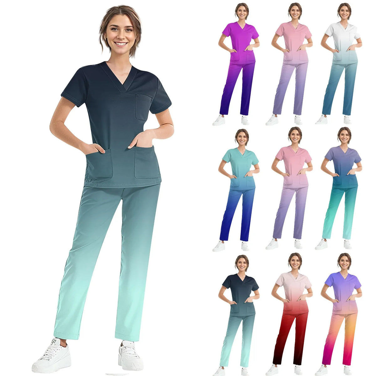 Medical Uniform Trendy Women's Scrub Set Stretch Soft Y-Neck Top Pants Hospital Pet Clinic Doctor Costume Contrasting Colors