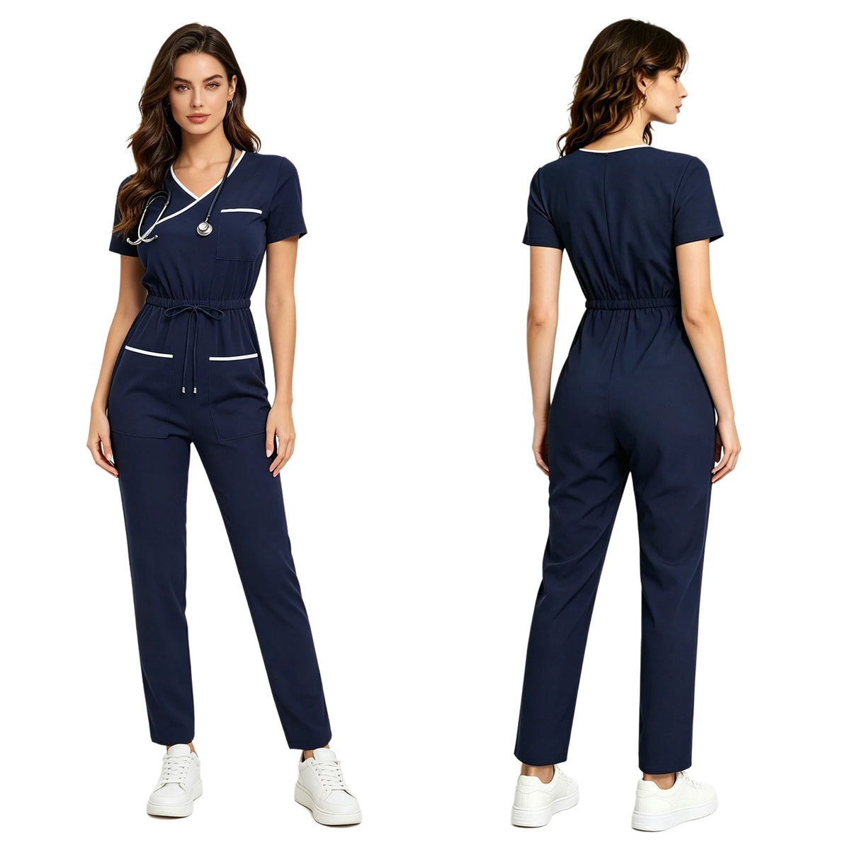 Women Nurse Doctor Esthetician Scrub Jumpsuit Workwear Short Sleeve Multi-pockets Elastic Waist Jogger Rompers Medical Uniform