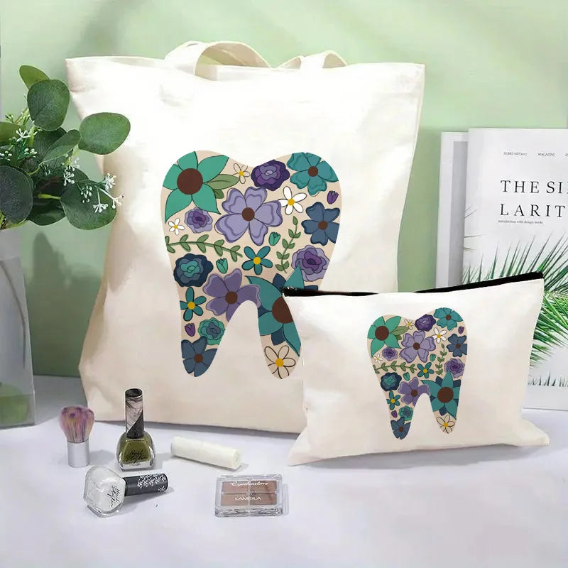 Tooth Dentist Printed Shoulder Bag, Reusable Foldable Shopping Tote Bag Lunch Box Bag Handbag with Wristlet Clutch Bag for Women