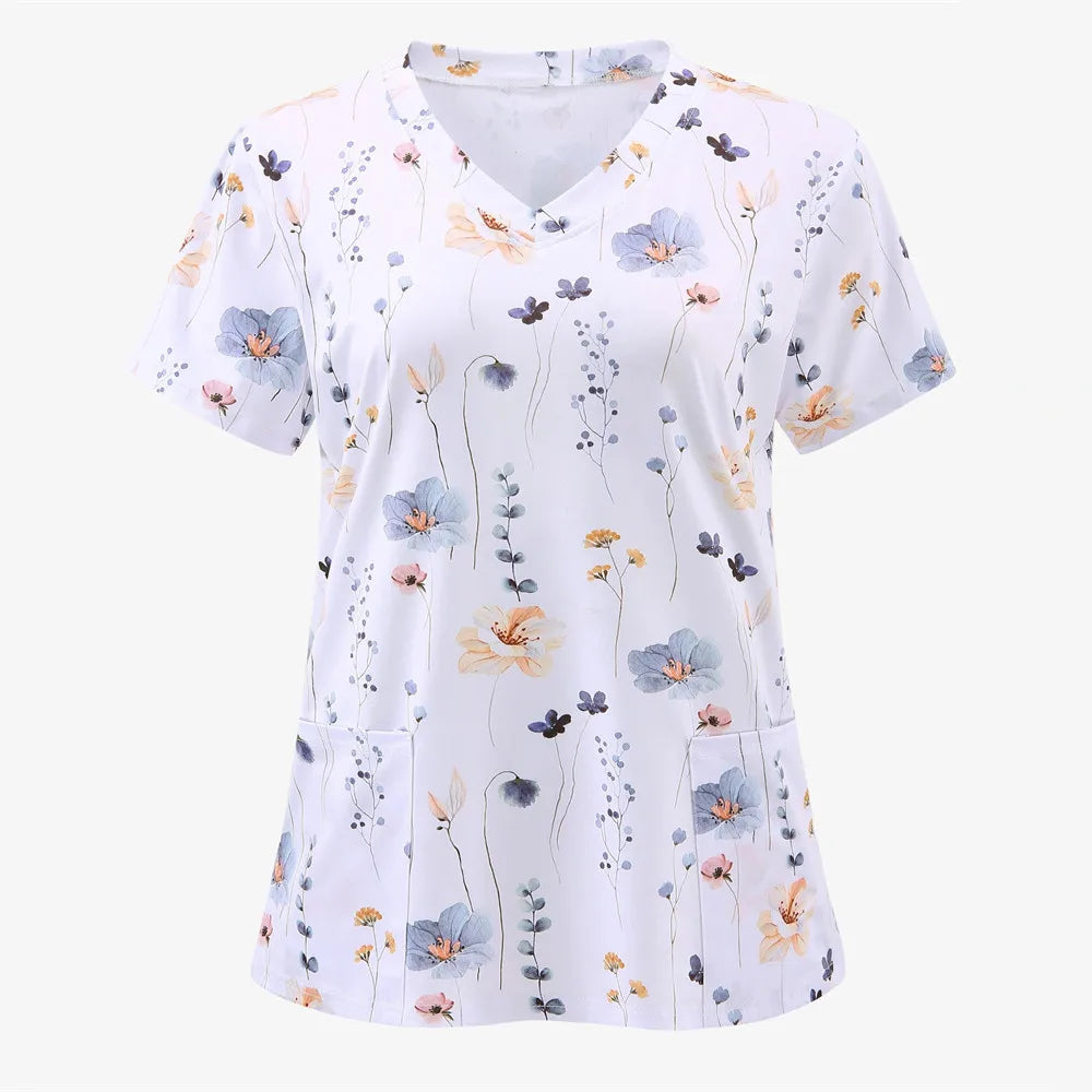 Nurse Uniforms Women Short Sleeve V-neck Floral 3D Print Nursed Working  Uniforms With Pockets Medical Uniforms