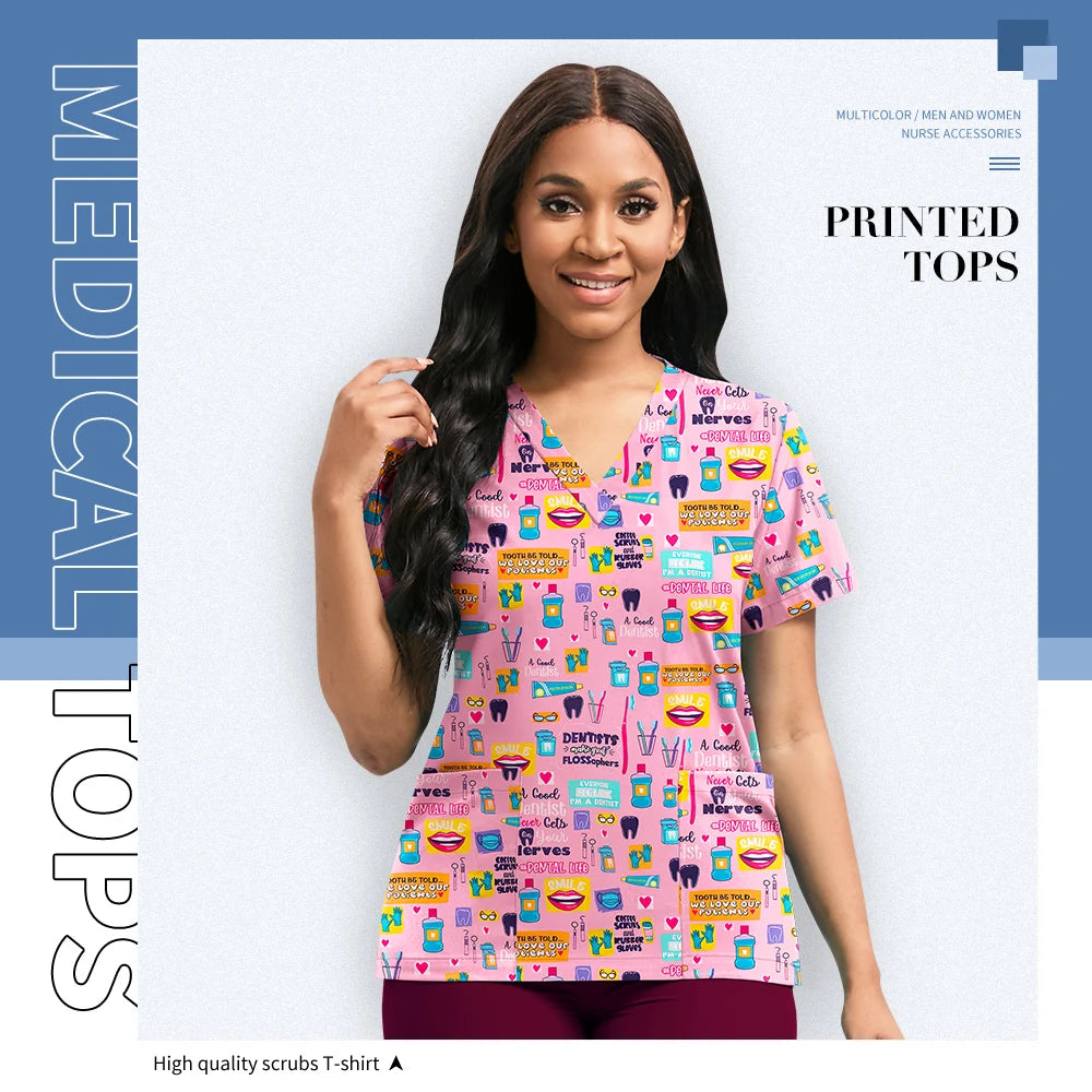 Hospital Nurse Uniforms Women Medical Uniform Print Scrub Top Cotton Dental Clinic Work Clothes Mens Scrubs Short Sleeved Jacket