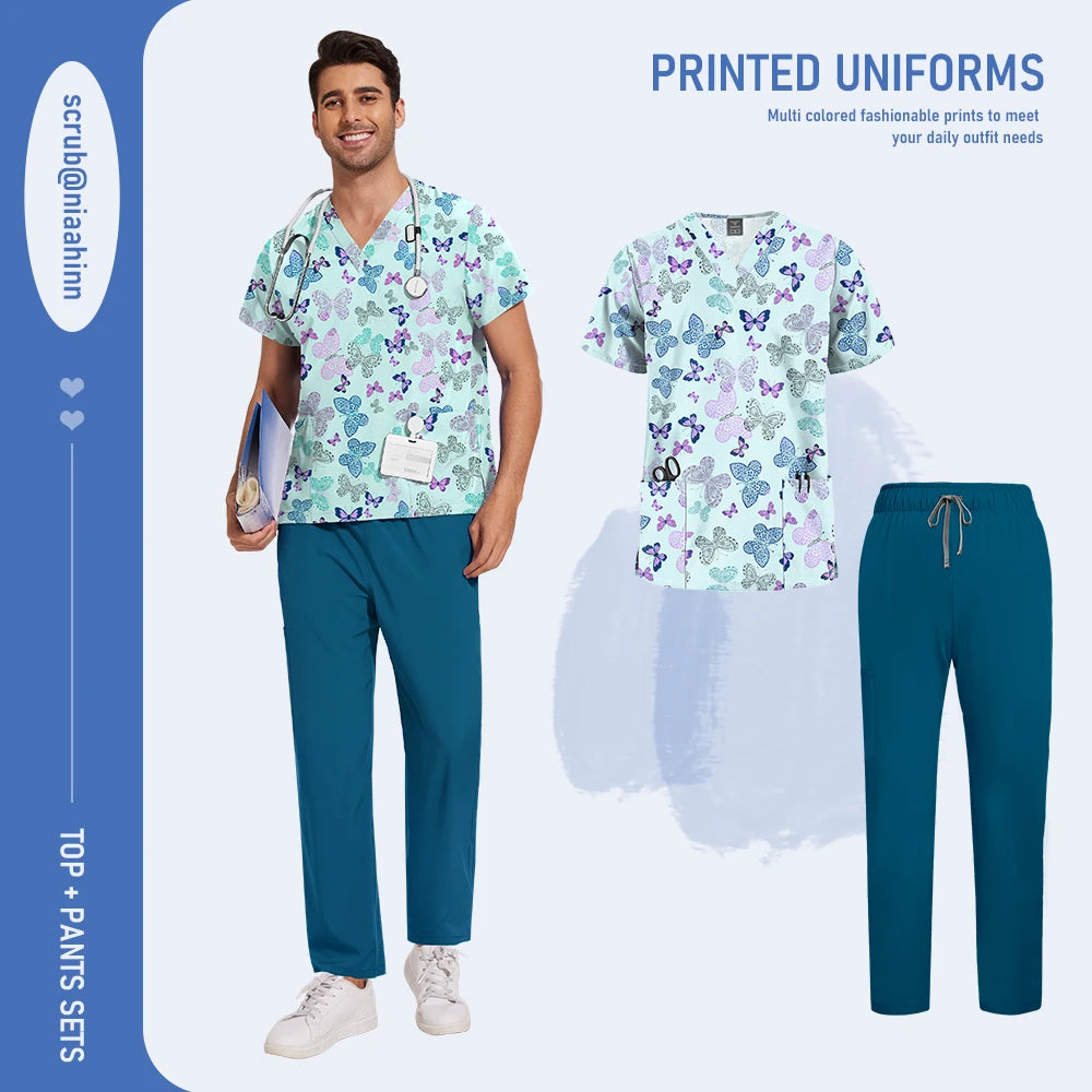 Mens Scrub Nursing Articles Nurse Doctor Work Uniform Unisex Hospital Set High Quality Printed Workwear Veterinary Lab Scrub Set