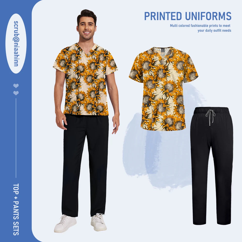 Mens Scrub Nursing Articles Nurse Doctor Work Uniform Unisex Hospital Set High Quality Printed Workwear Veterinary Lab Scrub Set