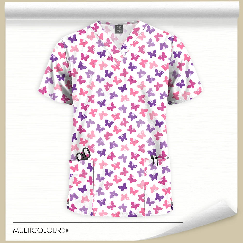 Stretch Cute Cartoon Print Nurse Uniforms Women Men T-shirts Pocket Casual Short Sleeve Pullover V-neck Scrubs Tops Lab Workwear